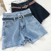 Rövid női széles farmernadrág magas derékkal és övvel