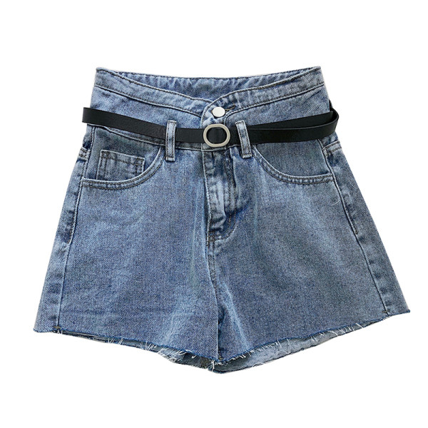 Rövid női széles farmernadrág magas derékkal és övvel