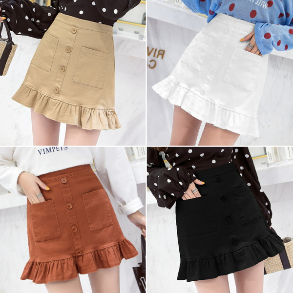 Trumpas moteriškas laisvalaikio sijonas aukštu juosmeniu, sagomis ir kišenėmis