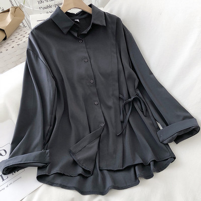 Μακρύ γυναικείο πουκάμισο με κλασικό γιακά και κορδόνια