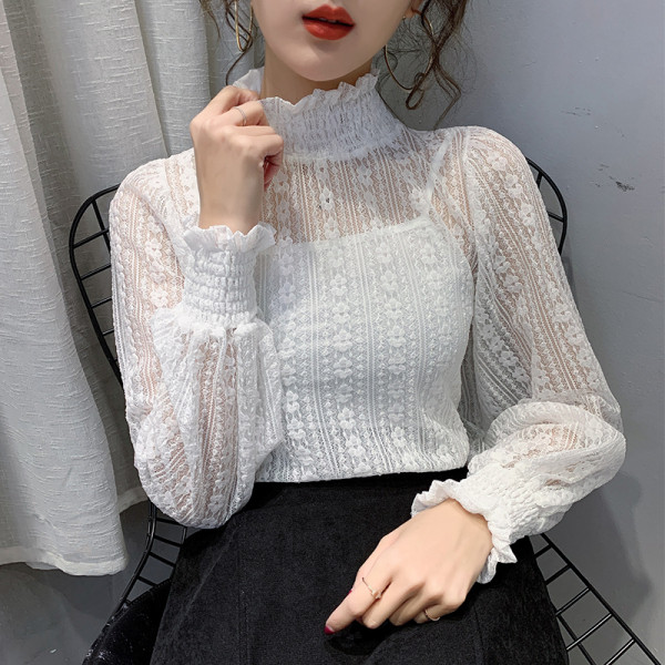 Γυναικεία δαντελένιο πουκάμισο με υψηλό ελαστικό γιακά