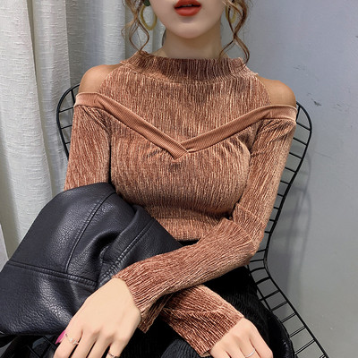 Moteriška klostuota aksominė palaidinė su tinkleliu ant pečių