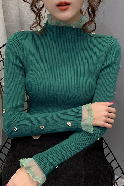 Πλεκτό γυναικείο πουλόβερ με δαντέλα και κουμπιά