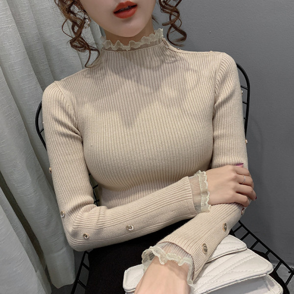 Πλεκτό γυναικείο πουλόβερ με δαντέλα και κουμπιά