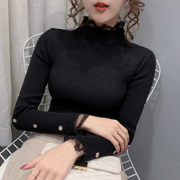 Πλεκτό γυναικείο πουλόβερ με δαντέλα και κουμπιά