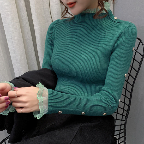 Πλεκτό γυναικείο πουλόβερ με δαντέλα και κουμπιά