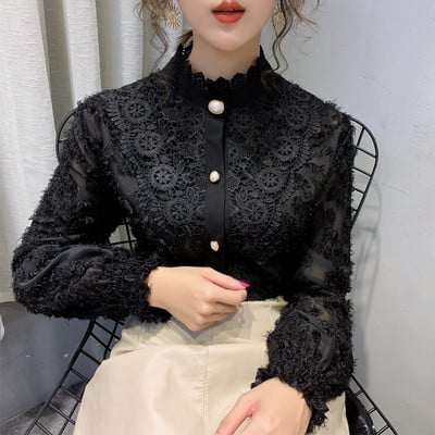 Καθημερινό γυναικείο πουκάμισο από δαντέλα με κουμπιά και ψηλό γιακά 