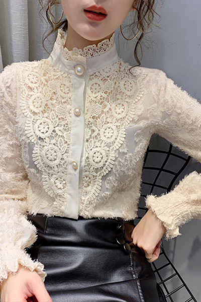 Καθημερινό γυναικείο πουκάμισο από δαντέλα με κουμπιά και ψηλό γιακά 