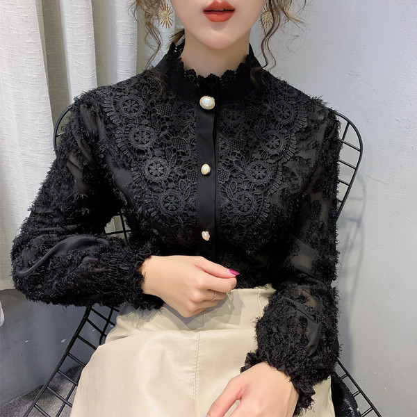 Καθημερινό γυναικείο πουκάμισο από δαντέλα με κουμπιά και ψηλό γιακά 