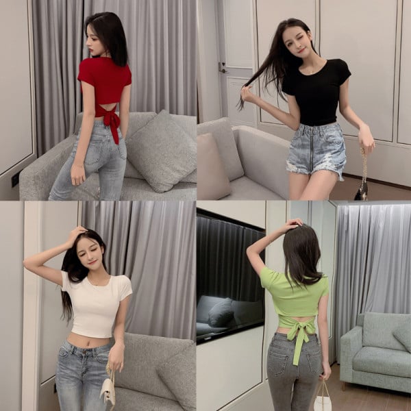 Alkalmi női blúz rövid ujjú, hátul megkötős