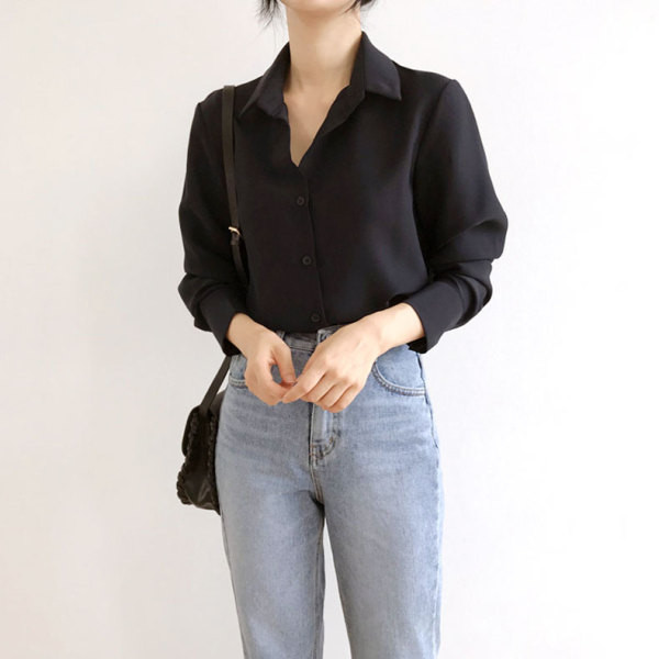 Moteriški šifoniniai marškiniai su klasikine apykakle, ilgomis rankovėmis ir sagomis