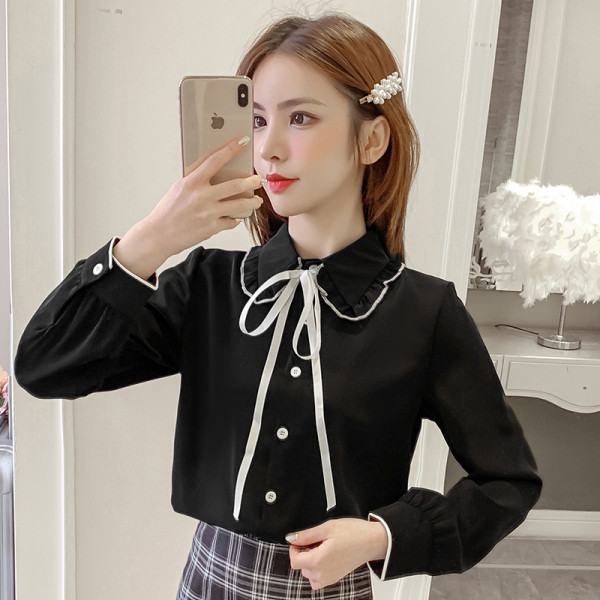 Sieviešu šifona krekls ar klasisku apkakli un lentīti