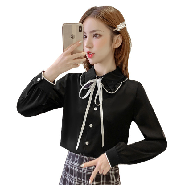 Sieviešu šifona krekls ar klasisku apkakli un lentīti