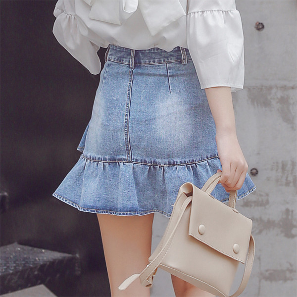 Ikdienas sieviešu īsi džinsa svārki ar augstu vidukli un kabatām