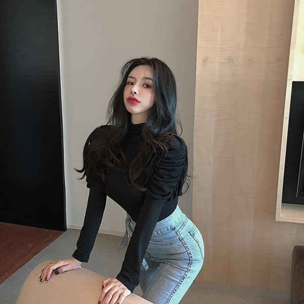 Moodne naiste pluus kõrge krae ja puhvis varrukatega