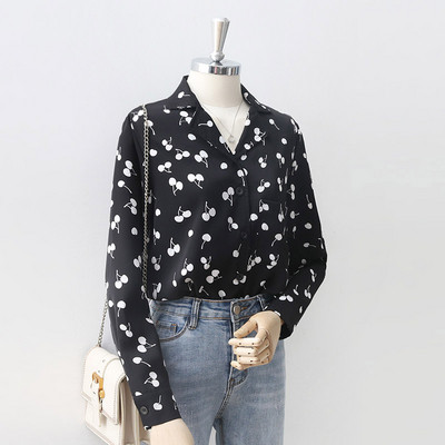 Μοντέρνο γυναικείο πουκάμισο με μακριά μανίκια με τύπωμα κεράσια