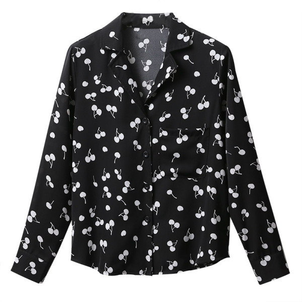 Μοντέρνο γυναικείο πουκάμισο με μακριά μανίκια με τύπωμα κεράσια 