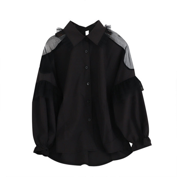 Μοντέρνο γυναικείο πουκάμισο με διαφανείς ώμους και μακριά μανίκια