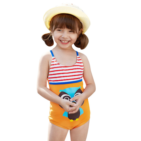 Pilns bērnu peldkostīms meitenēm ar plānām lencītēm un pūces aplikāciju