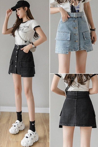 Asimetriski sieviešu svārki ar lielām kabatām un jostiņu ar metāla sprādzi