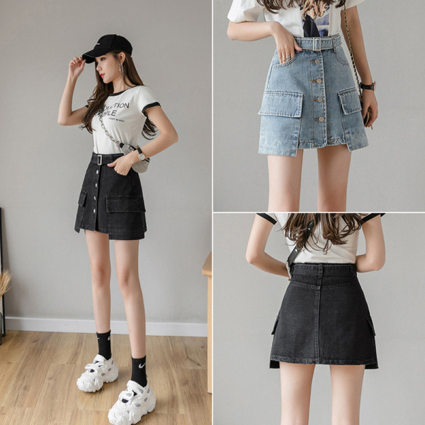 Asimetriski sieviešu svārki ar lielām kabatām un jostiņu ar metāla sprādzi