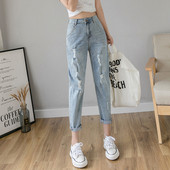 Blugi de dama moderni cu talie inalta si motive rupte - model drept