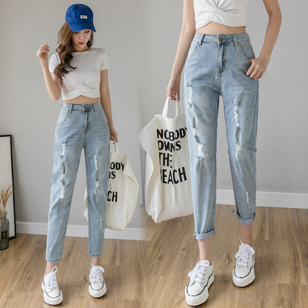 Blugi de dama moderni cu talie inalta si motive rupte - model drept