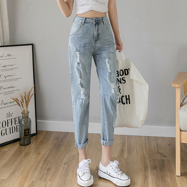 Blugi de dama moderni cu talie inalta si motive rupte - model drept