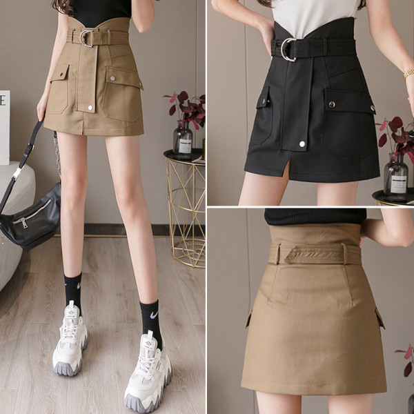 Moodne kõrge vöökoha, taskute ja pandlaga naiste seelik