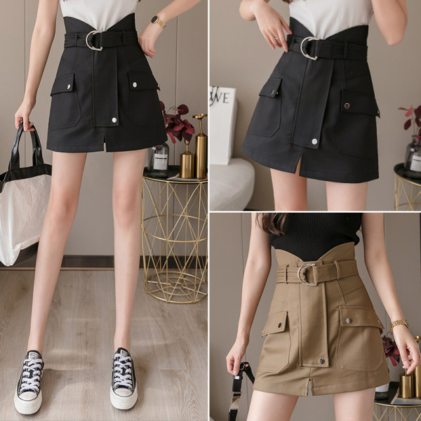 Moodne kõrge vöökoha, taskute ja pandlaga naiste seelik