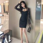 Rochie elegantă de damă, neagră, cu mâneci lungi și dantelă