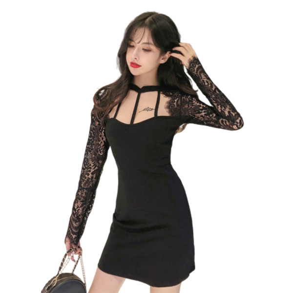 Rochie elegantă de damă, neagră, cu mâneci lungi și dantelă