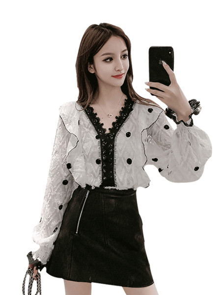 Pavasarīgs sieviešu krekls ar špica kakla izgriezumu un mežģīņu elementiem