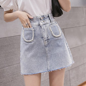 Γυναικεία κοντή φούστα short denim με υψηλή μέση και πέρλες