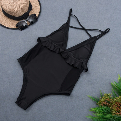 Κομψό γυναικείο ολόσωμο μαγιό σε μαύρο χρώμα με βολάν