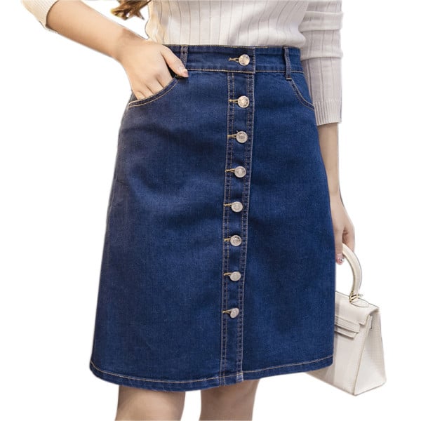 Moteriškas džinsinis sijonas su sagomis ir kišenėmis