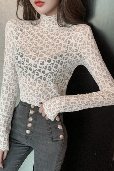 Sieviešu mežģīņu blūze ar augstu apkakli