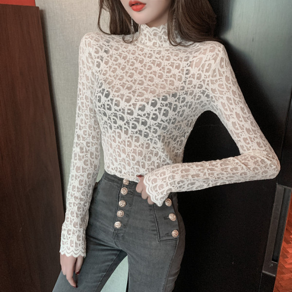 Sieviešu mežģīņu blūze ar augstu apkakli