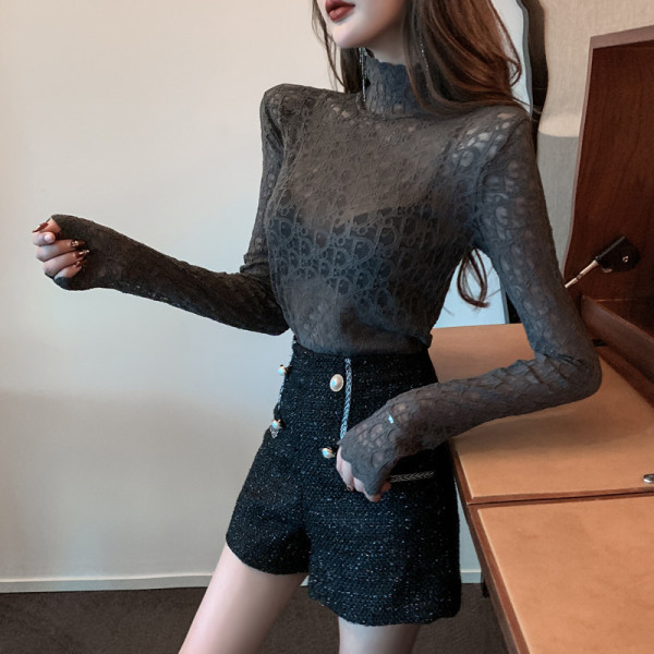 Sieviešu mežģīņu blūze ar augstu apkakli