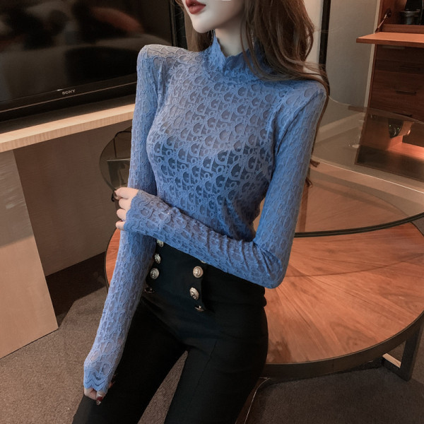 Sieviešu mežģīņu blūze ar augstu apkakli