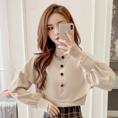 Retro sieviešu krekls ar zemu apkakli un pogām