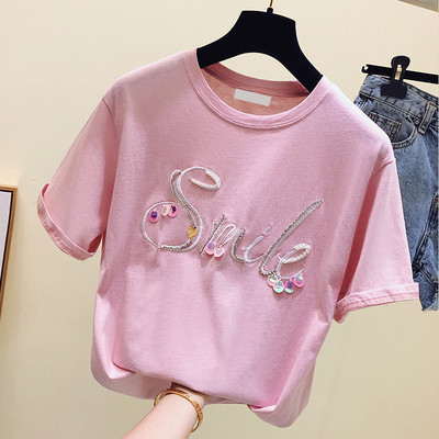 Moteriški pavasariniai marškinėliai su apvalia iškirpte ir spalvingais siuvinėjimais