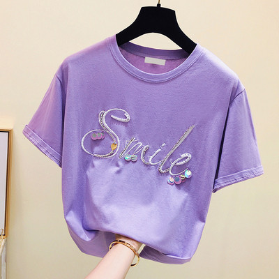 Moteriški pavasariniai marškinėliai su apvalia iškirpte ir spalvingais siuvinėjimais