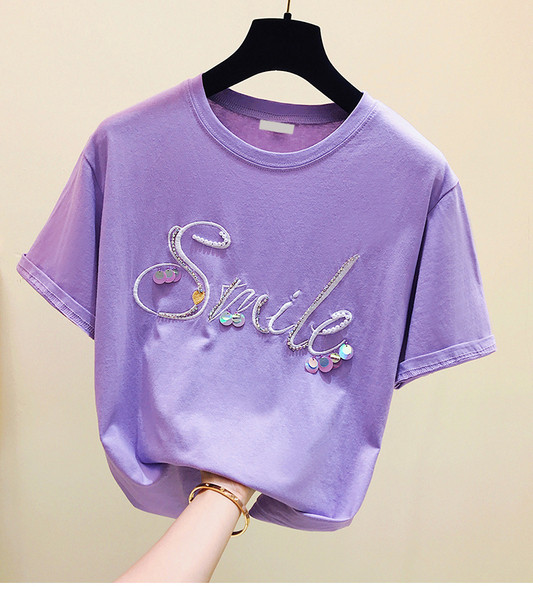 Moteriški pavasariniai marškinėliai su apvalia iškirpte ir spalvingais siuvinėjimais