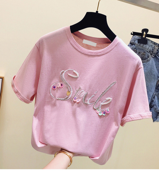 Moteriški pavasariniai marškinėliai su apvalia iškirpte ir spalvingais siuvinėjimais