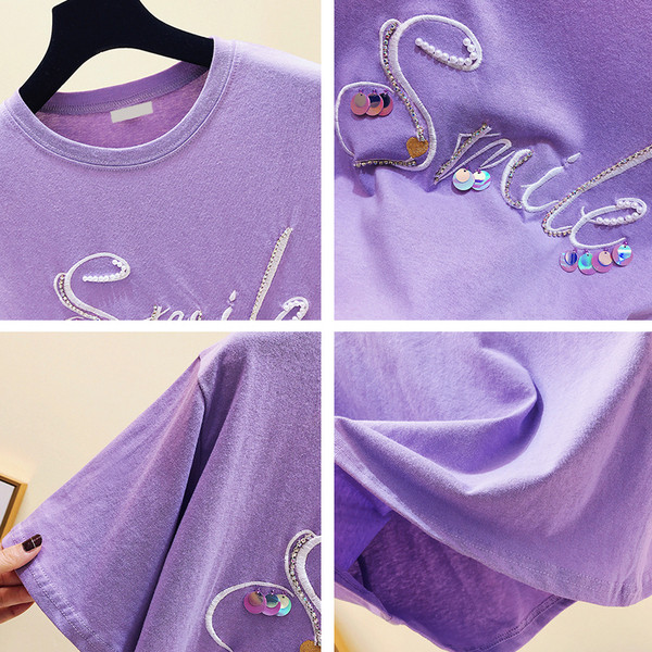 Moteriški pavasariniai marškinėliai su apvalia iškirpte ir spalvingais siuvinėjimais