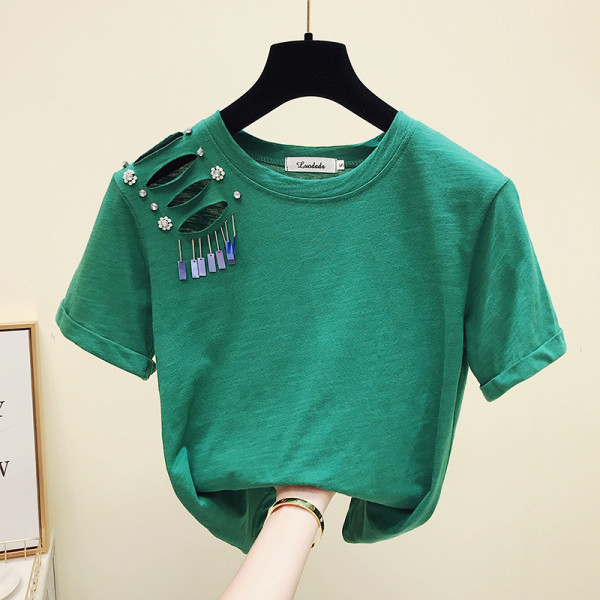 Moderns sieviešu t-krekls ar apaļu kakla izgriezumu un saplēstiem motīviem