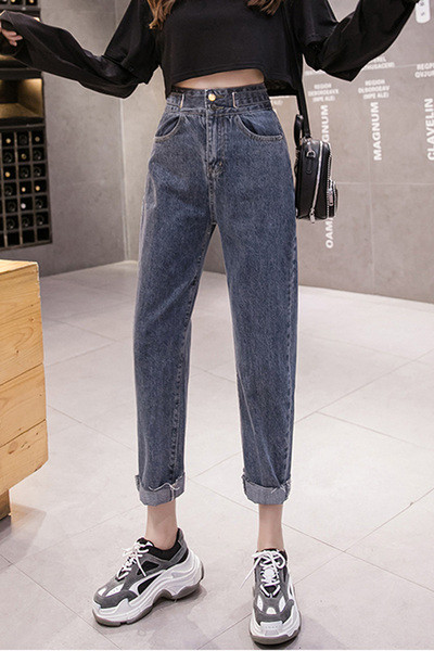 Női alkalmi farmernadrág magas derékkal és zsebekkel