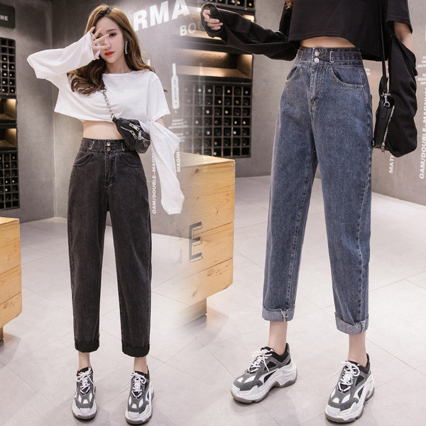 Női alkalmi farmernadrág magas derékkal és zsebekkel