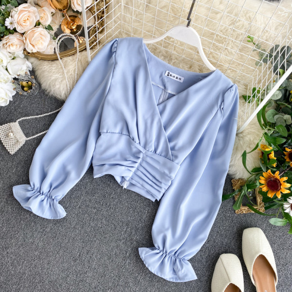 Vabaaja naiste lühike särk spitsikaelusega ja pikkade varrukatega